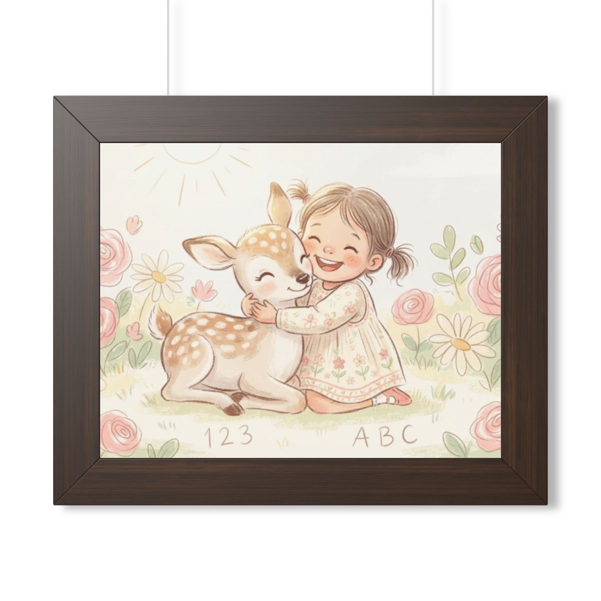 Framed Horizontal Poster - Gentle Hug Meadow Deer Art —... |...