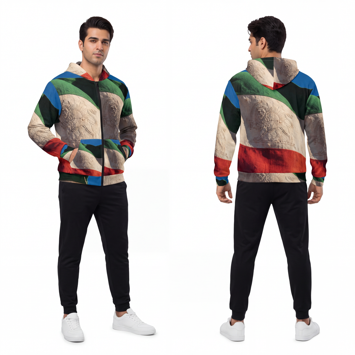 Men's Zip Hoodie - Vintage Lion & Sun Zip Up | Echovira...