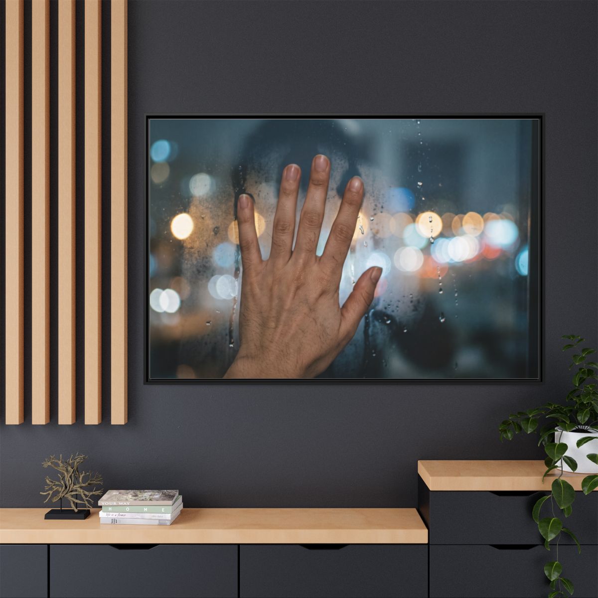 Rainy City Window Framed Canvas Art
