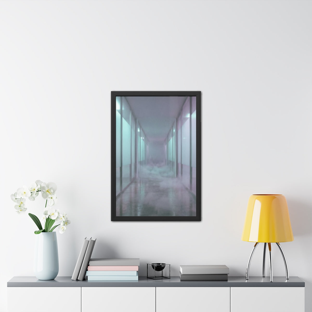 Framed Posters - Liminal Corridor Fog Art Print — Portrait...