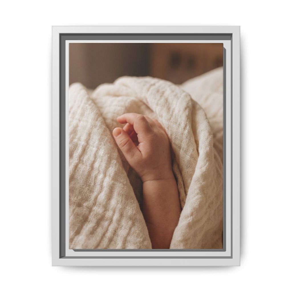 Framed Matte Canvas - Tender Newborn Hand (8×10, 9×12, 11×14, 12×16, 10×20, 12×18, 16×20, 16×24, 18×24, 12×36, 20×24, 16×32, 20×30, 24×30, 24×32, 16×48, 24×36, 24×48, 30×40, 20×60, 32×48, 30×60 & 40×60)