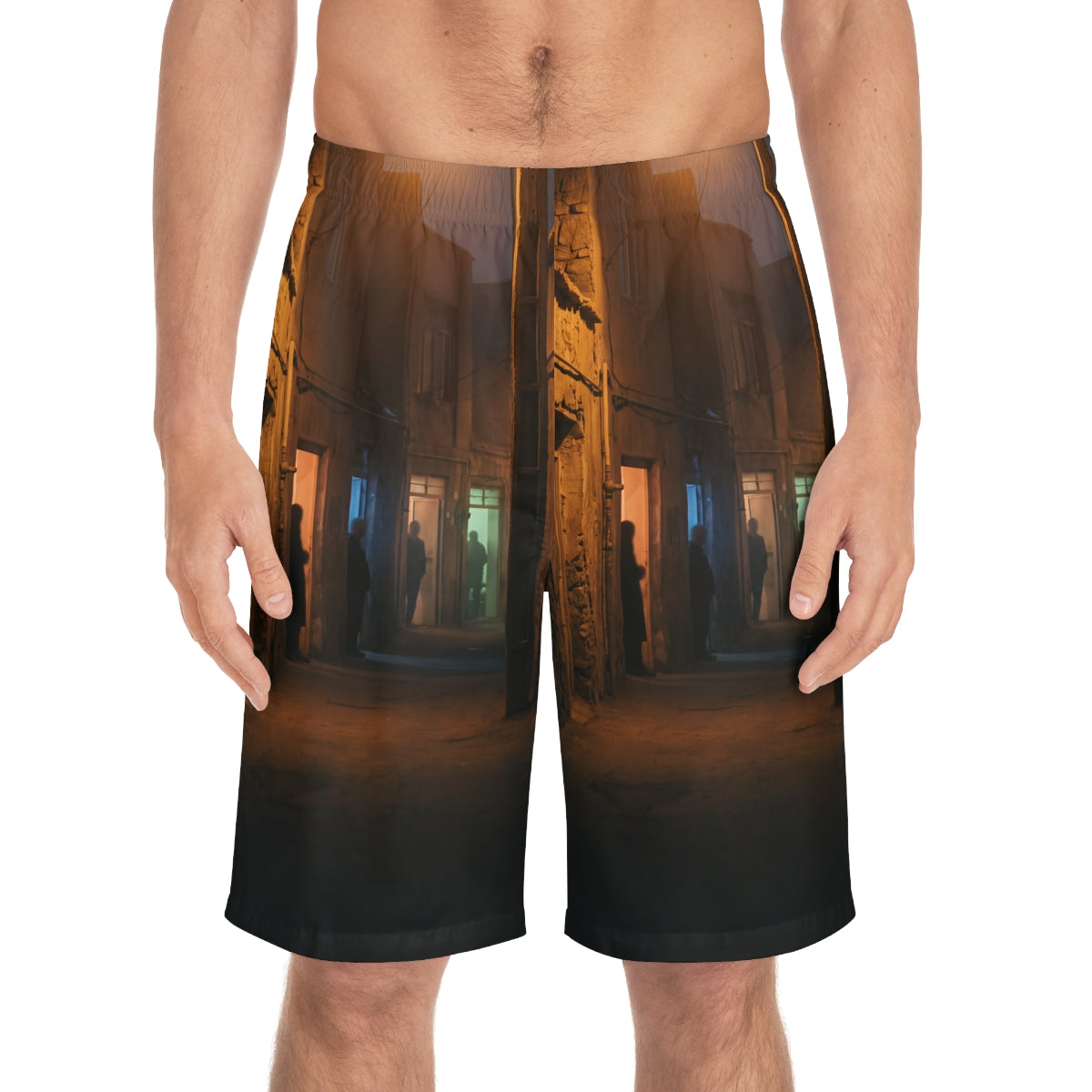 Men's Board Shorts - Shadowed Alleyway Mystery Art Print |...