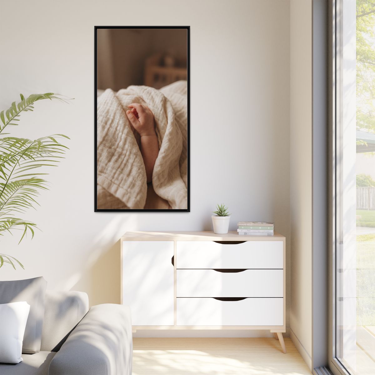 Matte Canvas, Framed - Tender Newborn Hand in Soft Muslin......
