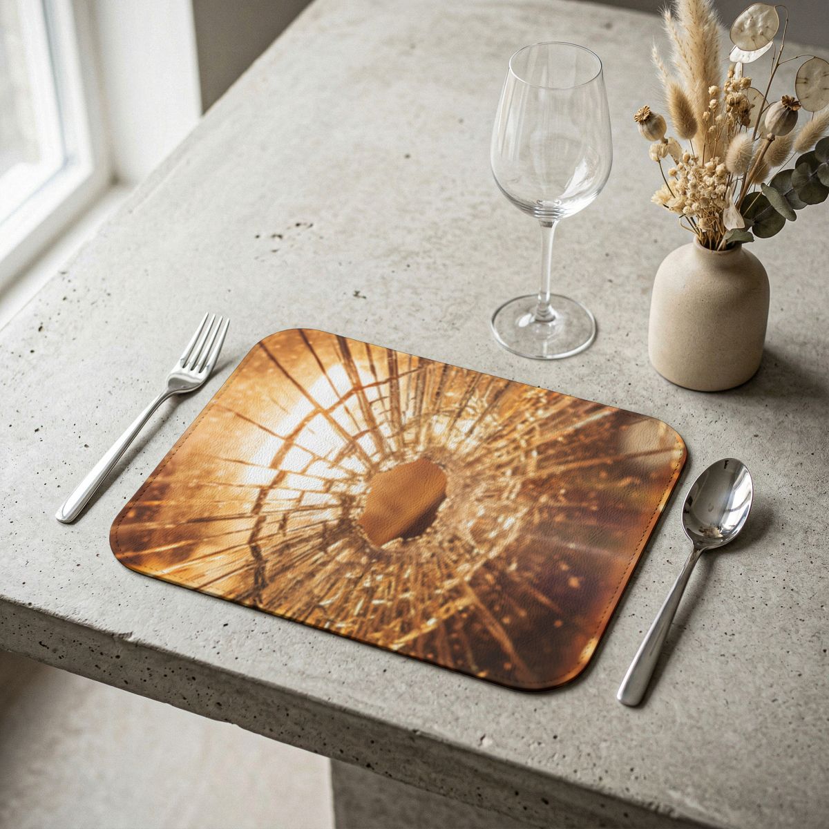 Leather Placemat - Fractured Glow Moody Amber Glass Art |...