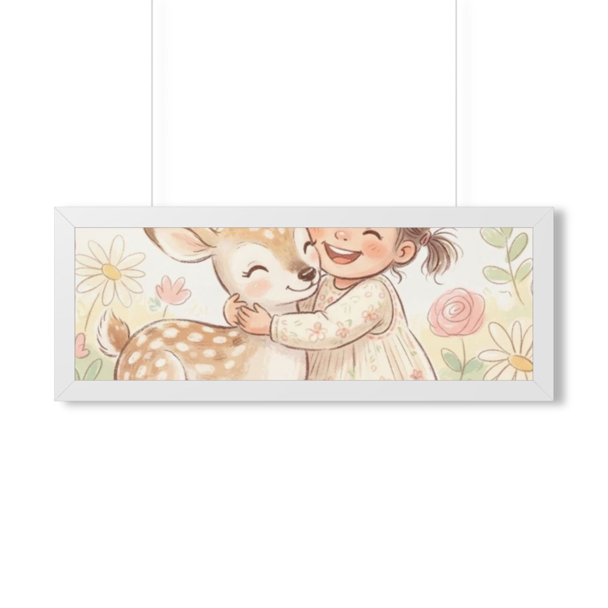 Framed Horizontal Poster - Gentle Hug Meadow Deer Art —... |...