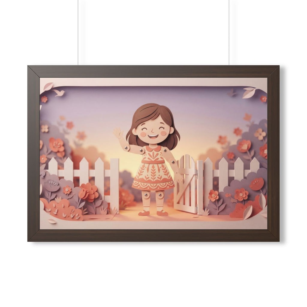 Framed Horizontal Poster - Garden Girl Gate — Walnut (14×11...