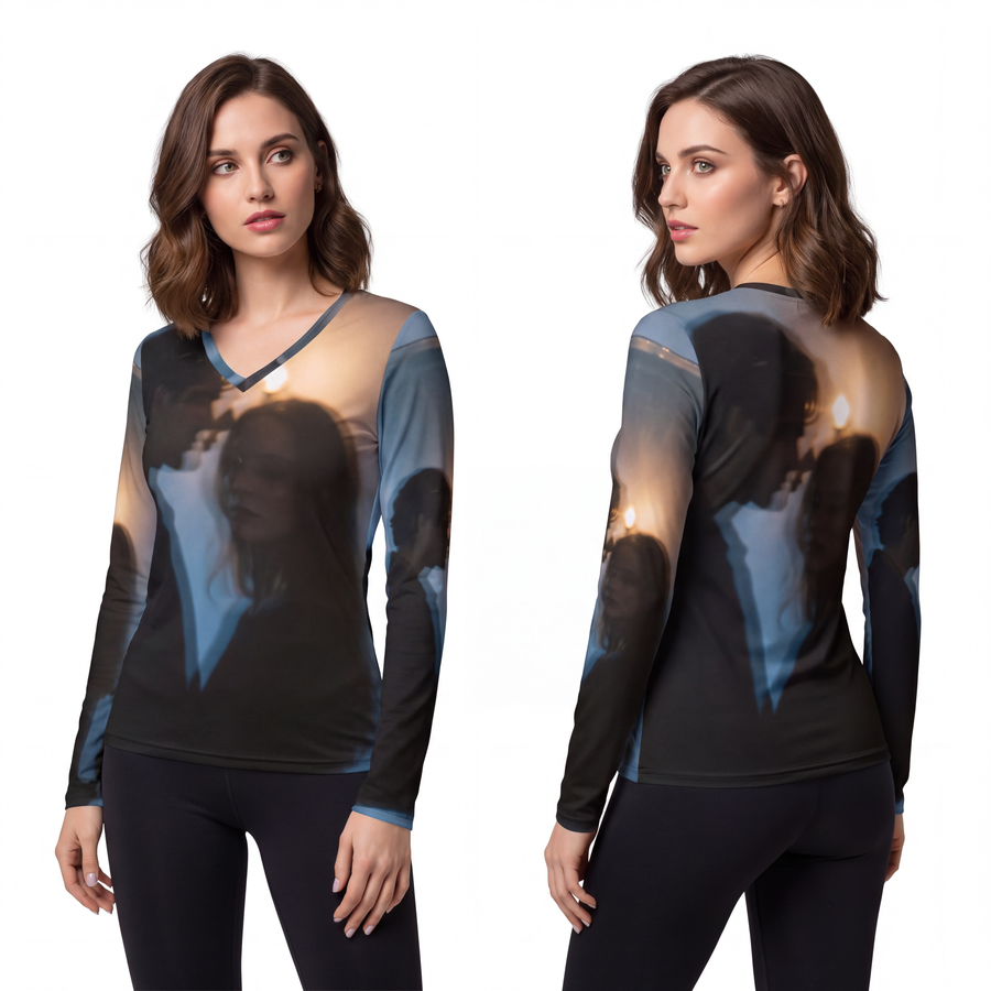 Women's Long Sleeve V-neck Shirt - Midnight Reflections Long Sleeve - Aesthetic V-Neck Tee