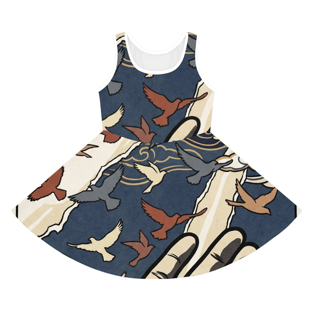 Girls' Sundress with Japanese Bird Woodblock Art