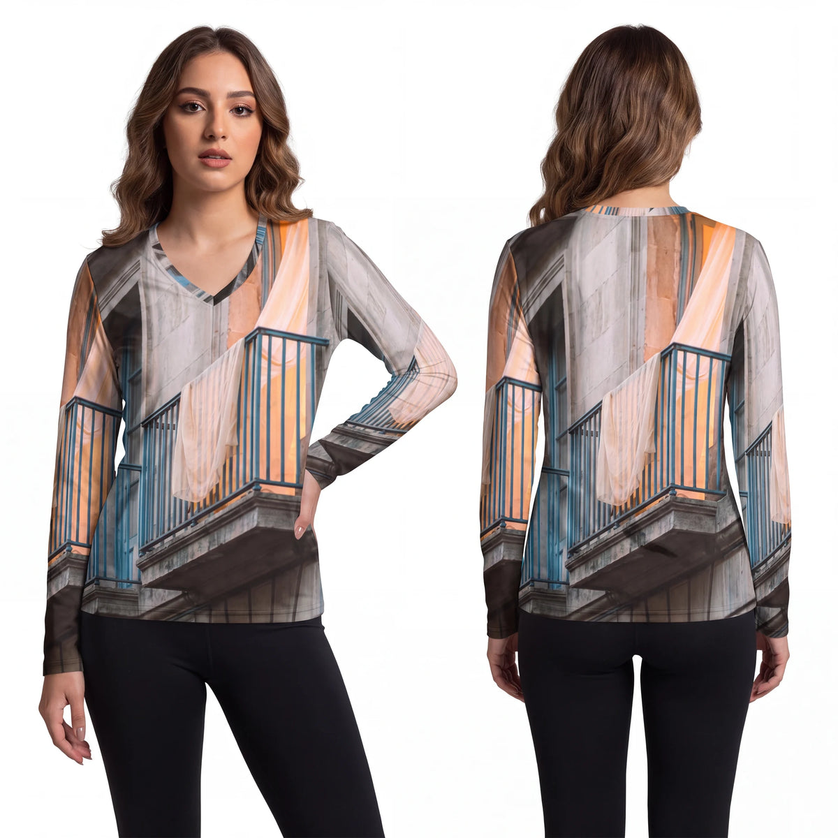 Women's Long Sleeve V-Neck Shirt European Balcony