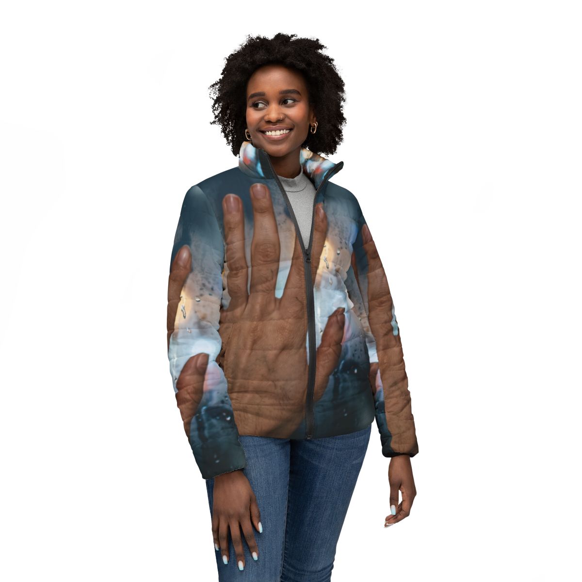 Women's Puffer Jacket with Rainy City Art