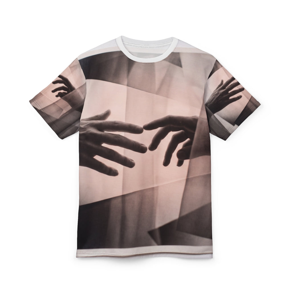 Men's Cut and Sew Tee with Reaching Hands Art