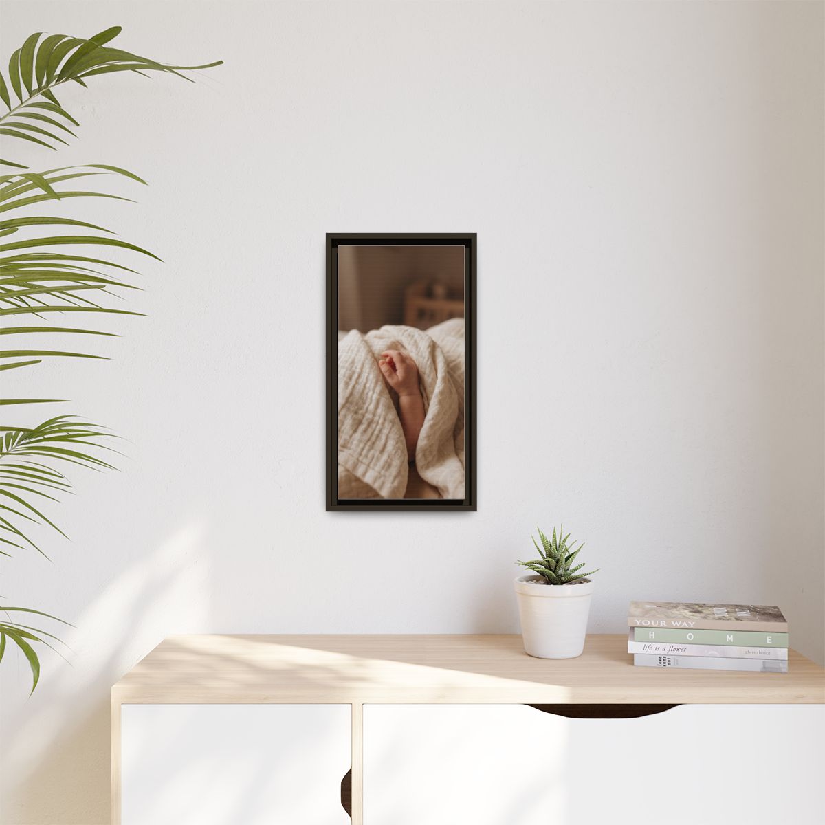 Matte Canvas, Framed - Tender Newborn Hand in Soft Muslin......
