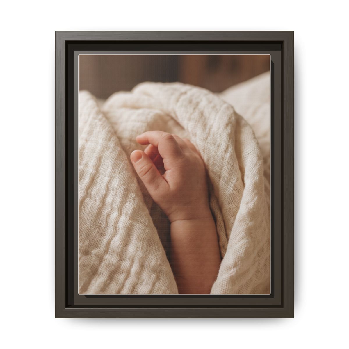 Framed Matte Canvas - Tender Newborn Hand (8×10, 9×12, 11×14, 12×16, 10×20, 12×18, 16×20, 16×24, 18×24, 12×36, 20×24, 16×32, 20×30, 24×30, 24×32, 16×48, 24×36, 24×48, 30×40, 20×60, 32×48, 30×60 & 40×60)