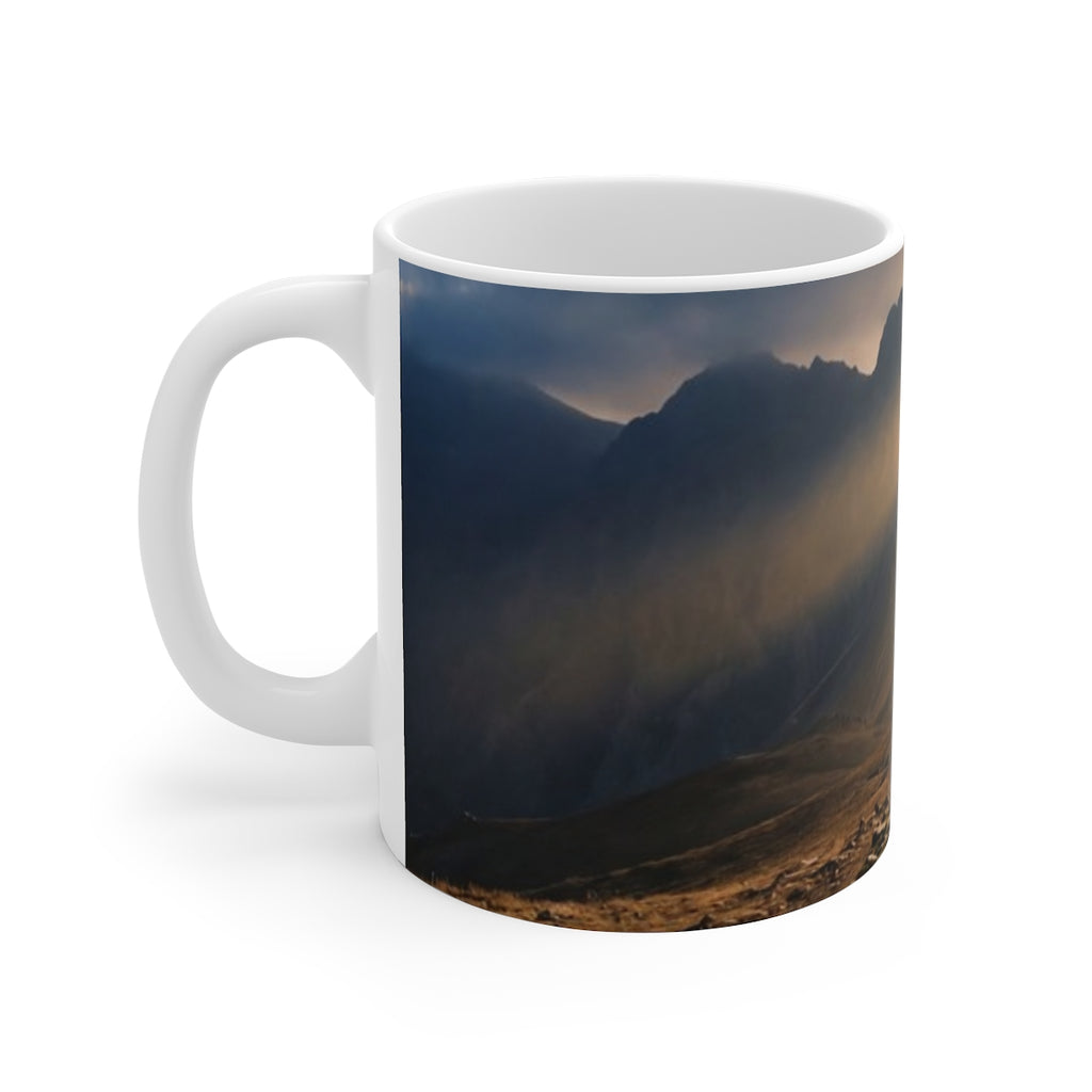 White Mug (11oz) - Ancient Sun Monolith Morning | Echovira...