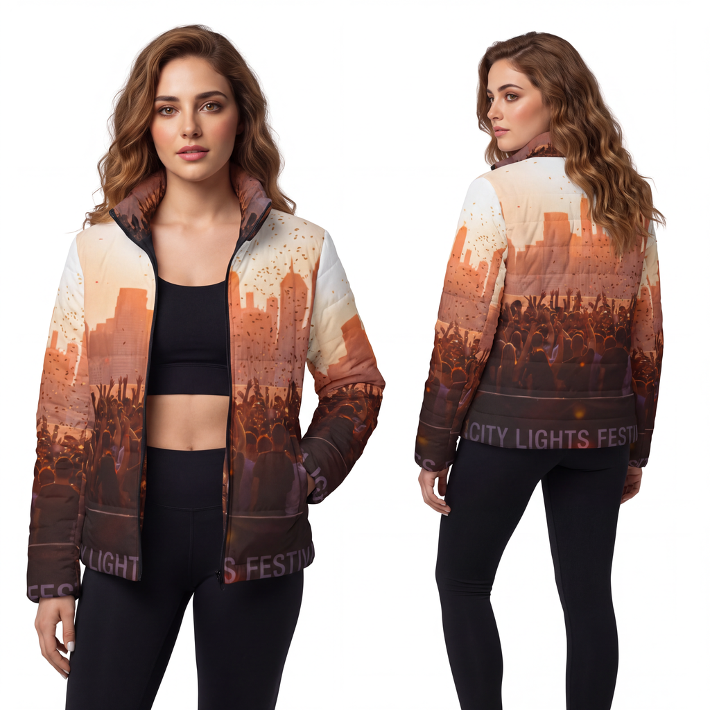 Women's Puffer Jacket - City Lights | Echovira Gallery