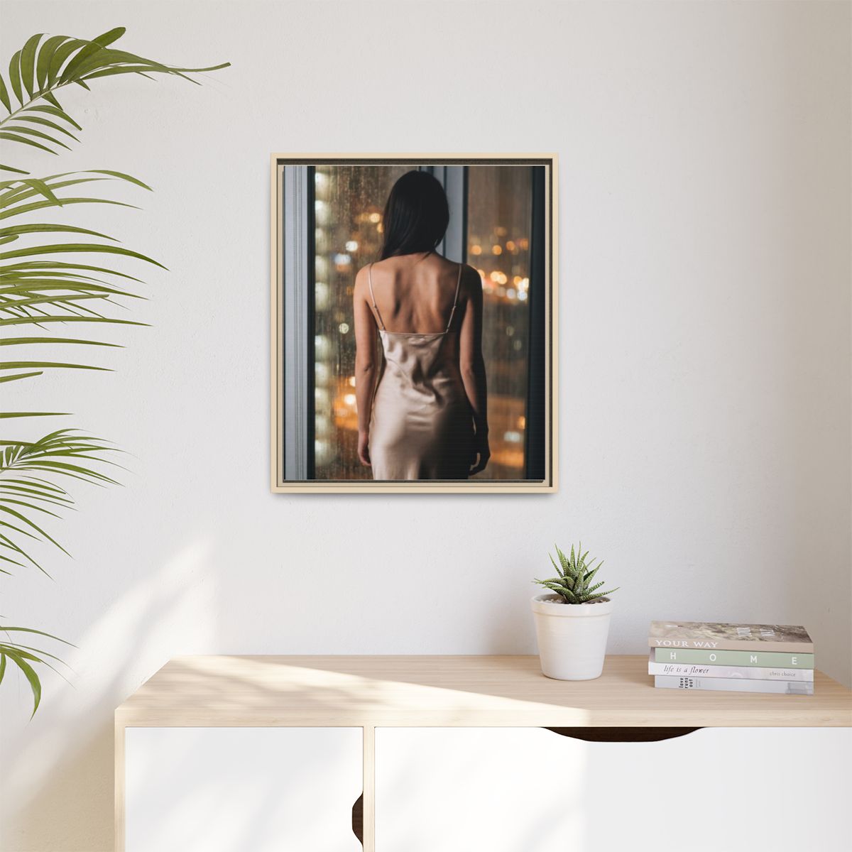 Matte Canvas, Framed - Rainy City lights Glow — Natural /......