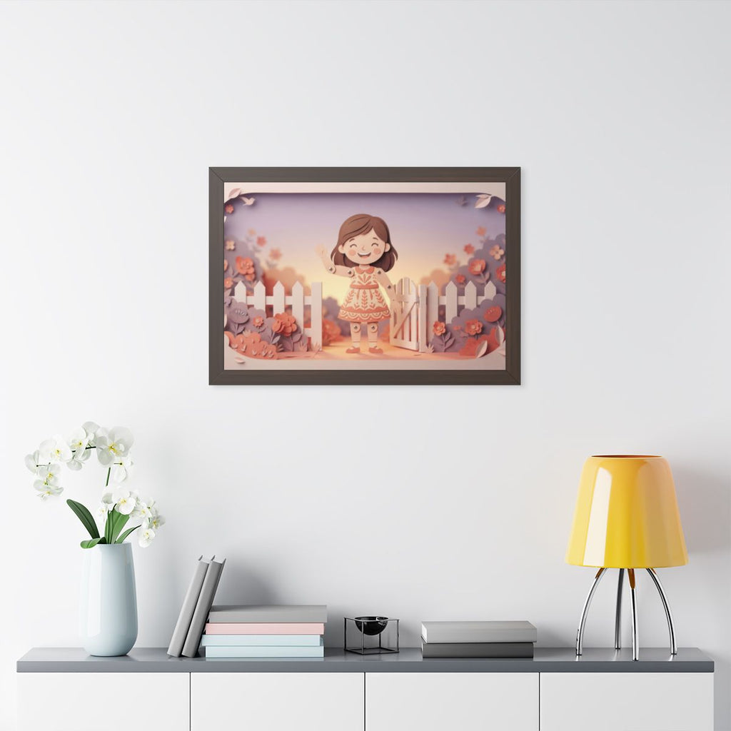 Framed Horizontal Poster - Garden Girl Gate — Walnut (14×11...