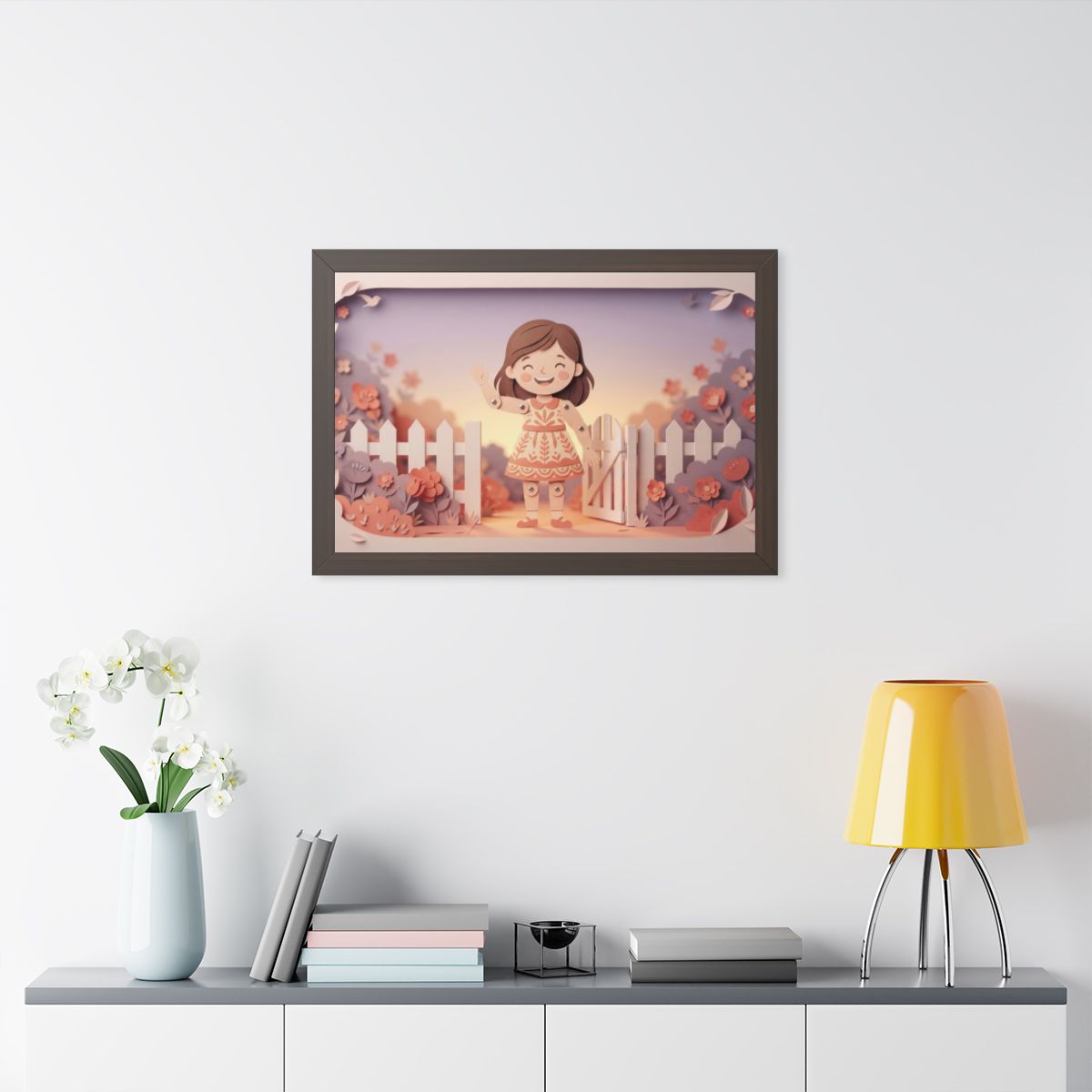 Framed Horizontal Poster - Garden Girl Gate — Walnut (14×11...