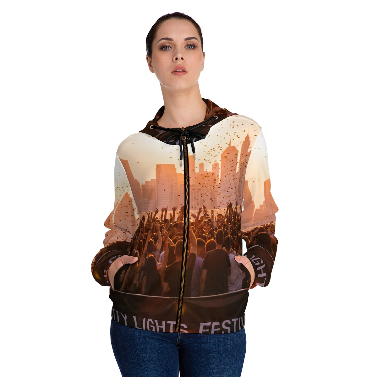 Women's Full-Zip Hoodie - City Lights | Echovira Gallery