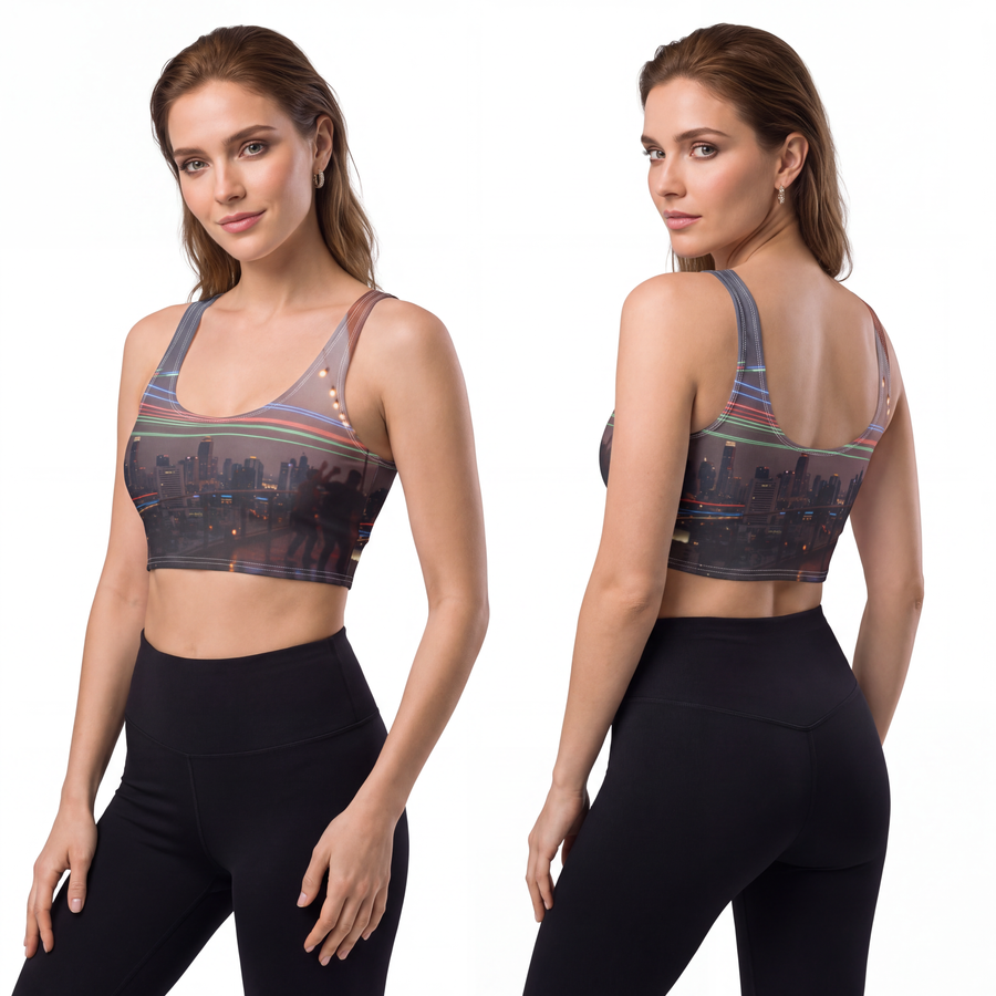 Polyester Sports Bra - Midnight Rooftop Neon Art