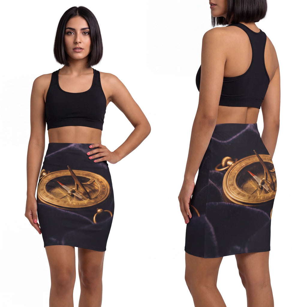 Sundial Compass Mid-Waist Pencil Skirt