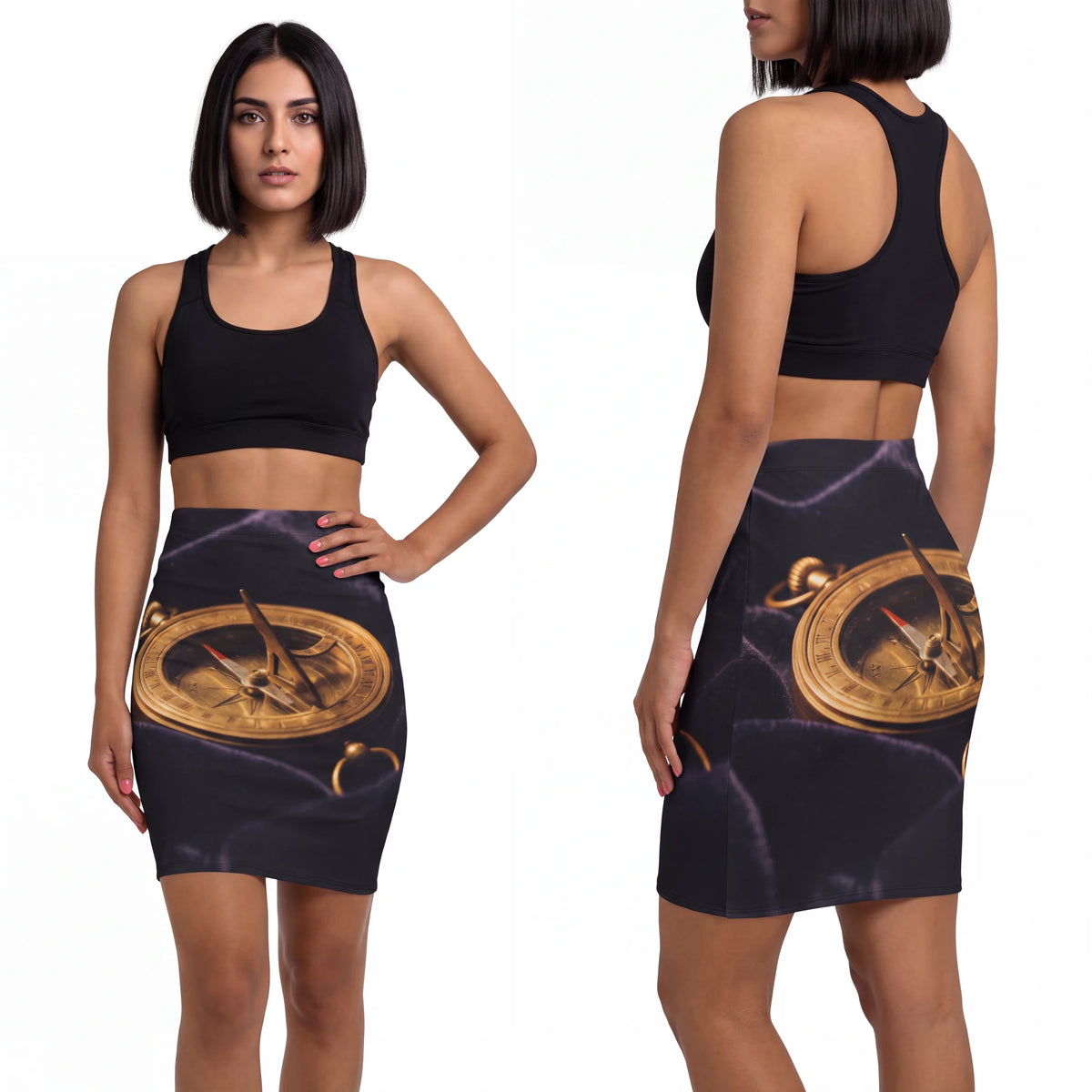 Sundial Compass Mid-Waist Pencil Skirt
