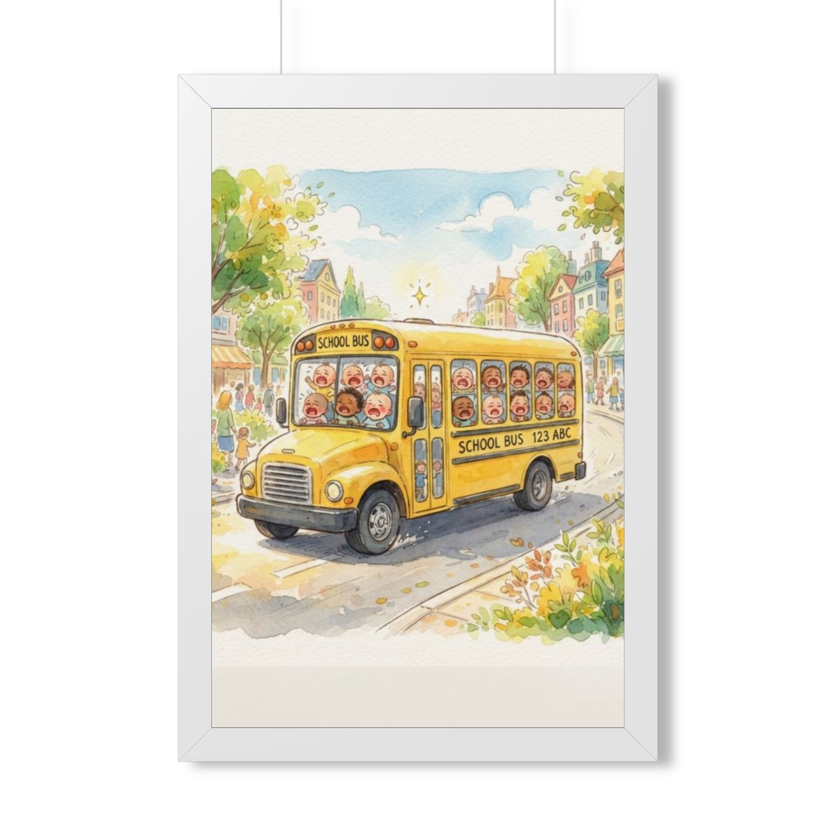 Framed Vertical Poster - Storybook School Bus Watercolor Art...